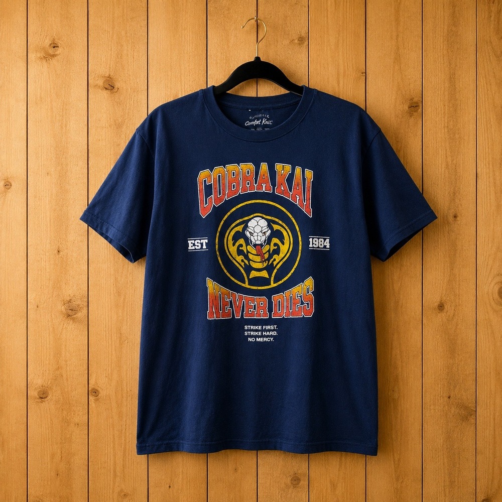 Cobra Kai Strike First No Mercy Front Graphic T-Shirt Navy Karate Unisex Large